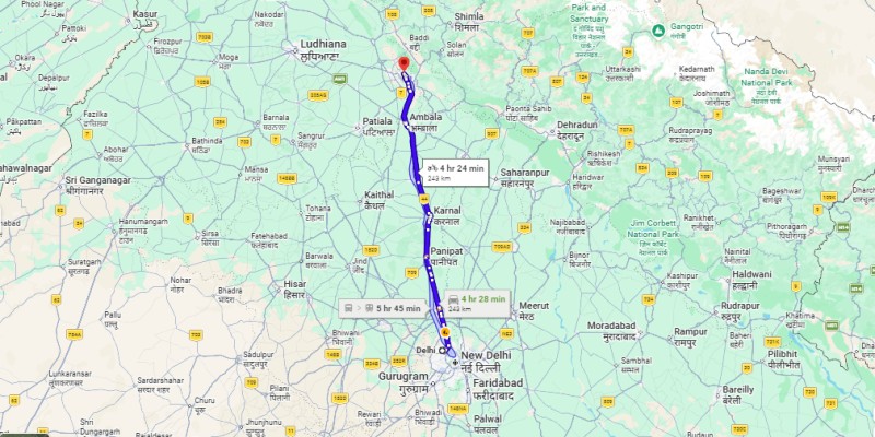 delhi to chandigarh map