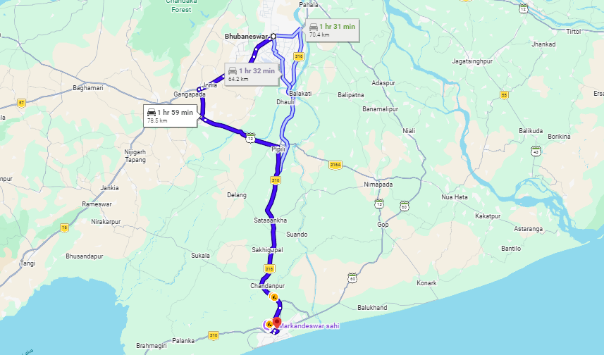 route 2 bhubneshwer to puri